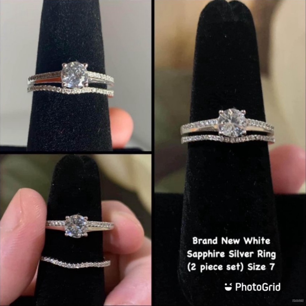 $328 ENGAGEMENT NEW WHITE SAPPHIRE 2 PIECE ENGAGEMENT RING SET SIZE 7 ONLY